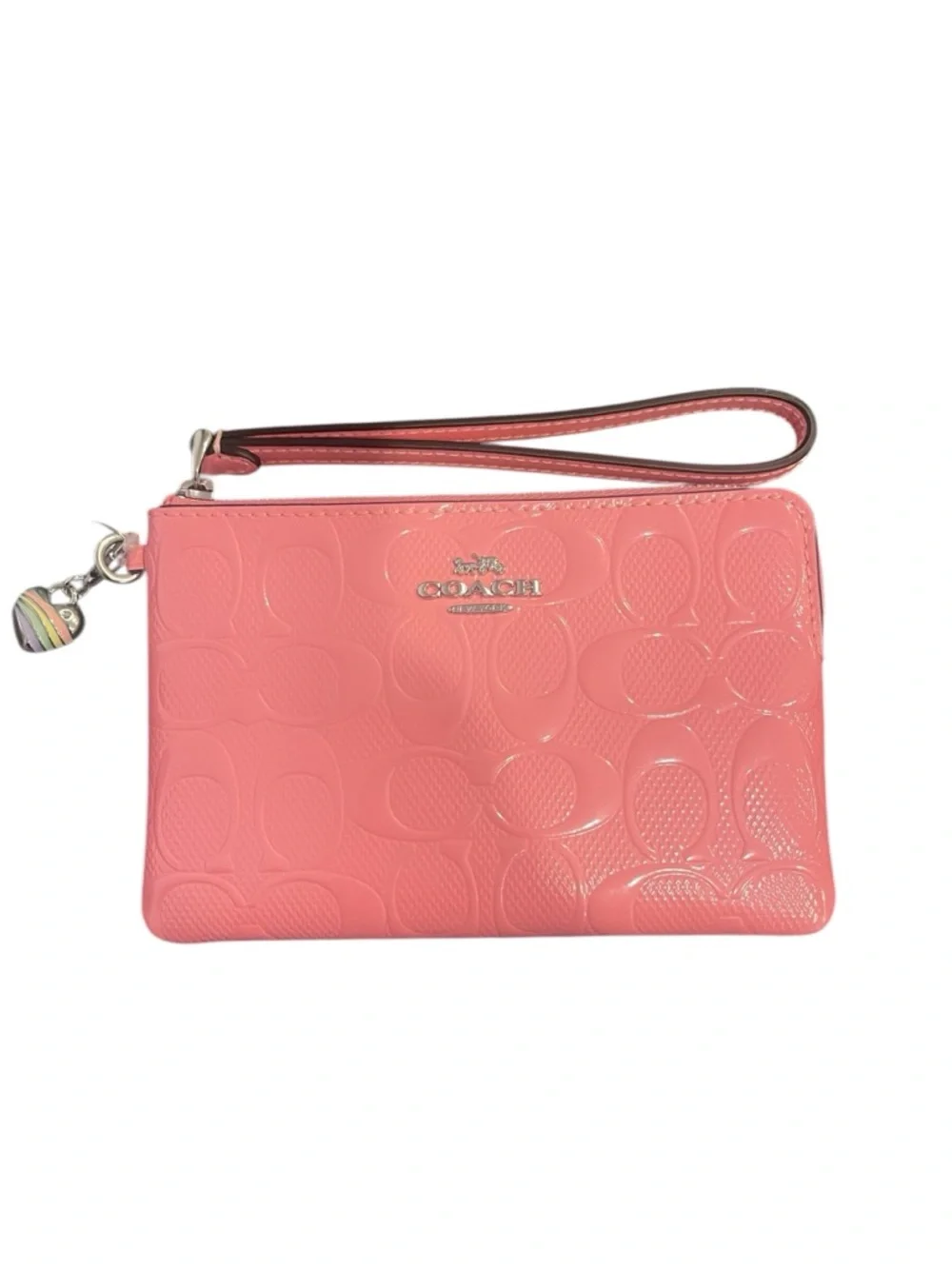 Coach NWT Patent Leather  Embossed Wristlet with Rainbow heart charm - Picture 11 of 12